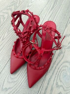 Valentino Red Studded Pointed-Toe Strappy Heels